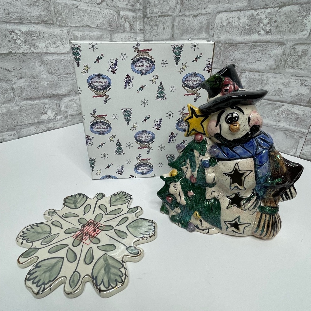 Blue Sky Clayworks Heather Goldminc Snowman & Tree Tealight Holder With Box NIB